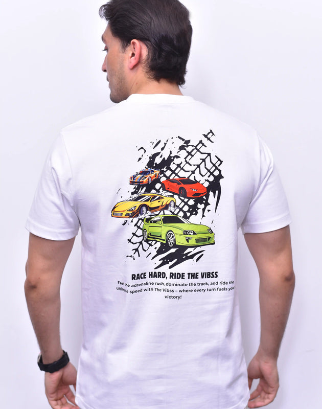 White Track Mode Relax Fit Tee – Graphic Athletic Tee | The Vibss